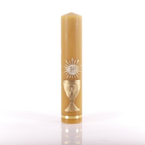 ŚWIECA WOSK 1.0 Z APLIKACJĄ KOMUNIA KIELICH 2 (ZŁOTY) 33/6.5cm