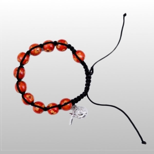 BRANSOLETKA "10" CZERWONA DREWNIANA KULKA WZOREK, SZNUREK