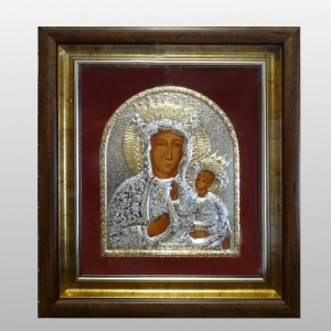 IKONA MB CZĘSTOCHOWSKA W DREWNIANEJ RAMCE ZA SZYBKĄ, 30 cm x 35 cm