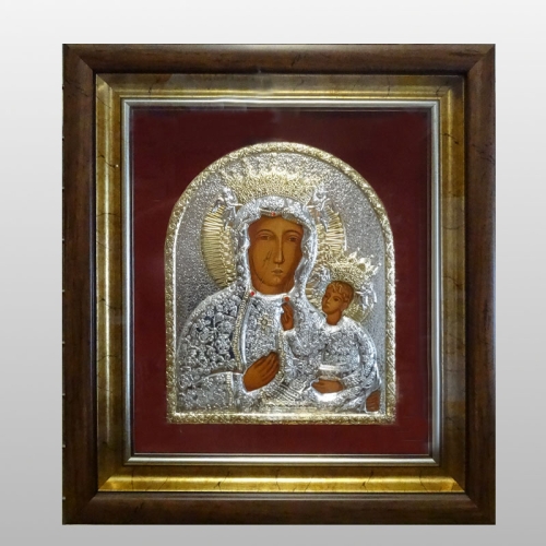 IKONA MB CZĘSTOCHOWSKA W DREWNIANEJ RAMCE ZA SZYBKĄ, 30 cm x 35 cm 