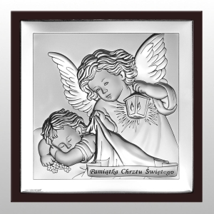 OBRAZEK ANIOŁ Z LATARENKĄ PAMIĄTKA CHRZTU ŚWIĘTEGO BRĄZOWE DREWNO 14x14
