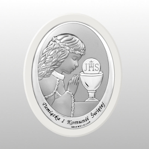 OBRAZEK KOMUNIA DZIEWCZYNKA PAMIĄTKA I KOMUNII ŚWIĘTEJ OWAL BIAŁE DREWNO 15x20