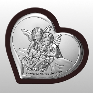 OBRAZEK ANIOŁY NAD DZIECKIEM SERCE 13.8x12 NA BRĄZOWYM DREWNIE