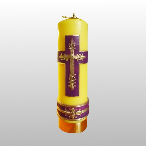 ŚWIECA OŁT. 30/8 KRZYŻ (szeroki) FIOLETOWY + ORNAMENT, ŻÓŁTA + WKŁ.REG.