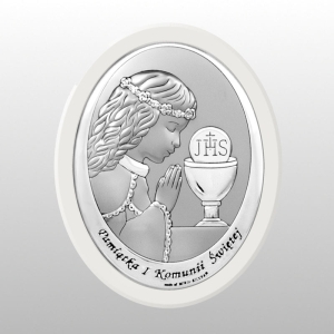 OBRAZEK KOMUNIA DZIEWCZYNKA PAMIĄTKA I KOMUNII ŚWIĘTEJ OWAL BIAŁE DREWNO 12x15