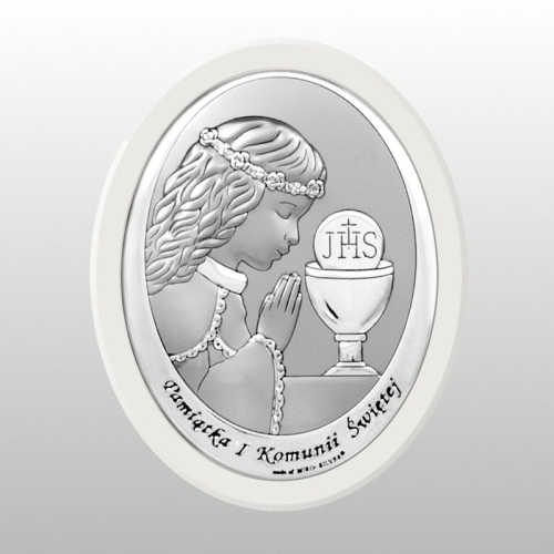 OBRAZEK KOMUNIA DZIEWCZYNKA PAMIĄTKA I KOMUNII ŚWIĘTEJ OWAL BIAŁE DREWNO 12x15