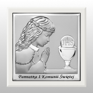OBRAZEK KOMUNIA DZIEWCZYNKA PAMIĄTKA I KOMUNII ŚWIĘTEJ BIAŁE DREWNO 10X10