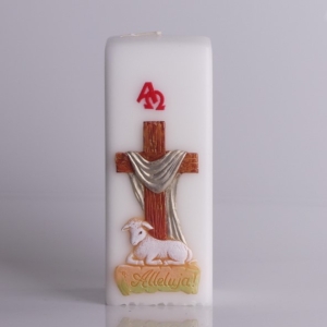 ŚWIECA KWADRAT 70/170 APLIKACJA BARANEK + KRZYŻ WSTĘGA + ALFA I OMEGA, BIAŁA