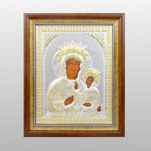 IKONA MB CZĘSTOCHOWSKA ZA SZYBKĄ W DREWNIANEJ RAMCE 26,5  X 30,5 CM