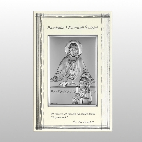 OBRAZEK KOMUNIA DZIEWCZYNKA Z JEZUSEM NA BIAŁYM ZDOB. DREWNIE 13,5x21 CM