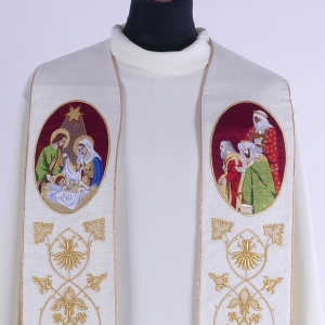 STUŁA BOGATO HAFTOWANA BIAŁA BOŻE NARODZENIE/3K + FRĘDZLE