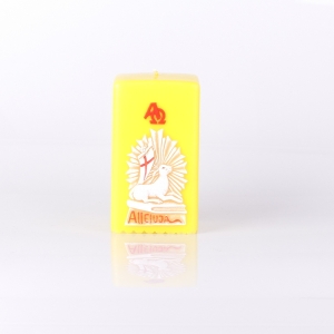 ŚWIECA KWADRAT 70/130 ŻÓŁTA, APLIKACJA WIELKANOC - BARANEK PROMIENIE + ALFA OMEGA