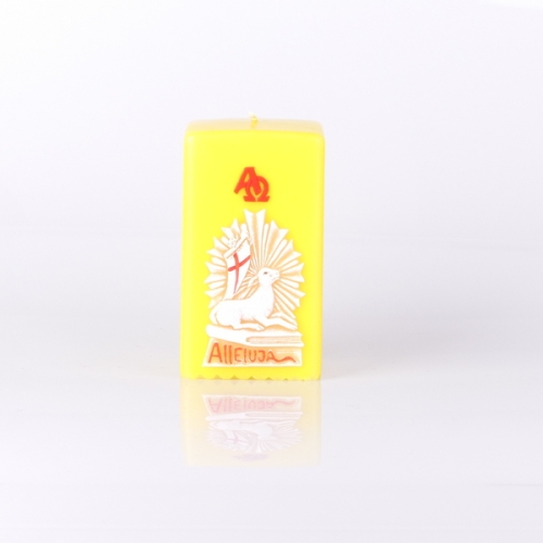 ŚWIECA KWADRAT 70/130 ŻÓŁTA, APLIKACJA WIELKANOC - BARANEK PROMIENIE + ALFA OMEGA