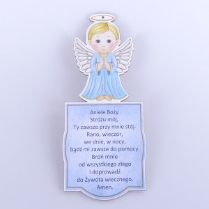 ANIOŁEK DREWNIANY Z MODLITWĄ WYS. 26,5 CM - NIEBIESKI