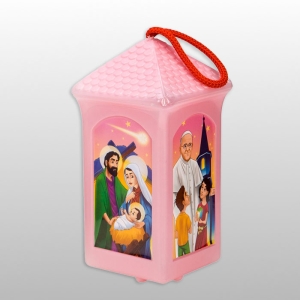 LAMPION PLASTIKOWY ŚWIECĄCY "DOMEK KWADRAT" z bateriami - RÓŻOWY, wys.20cm