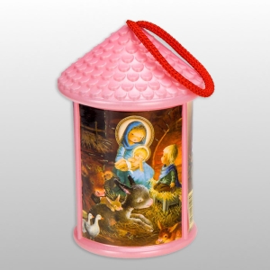 LAMPION PLASTIKOWY ŚWIECĄCY "DOMEK OKRĄGŁY" z bateriami - RÓŻOWY, wys.17cm