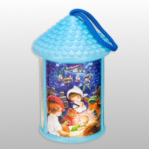 LAMPION PLASTIKOWY ŚWIECĄCY "DOMEK OKRĄGŁY" z bateriami - NIEBIESKI, wys.17cm