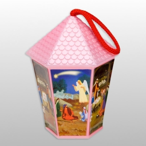 LAMPION PLASTIKOWY ŚWIECĄCY "DOMEK SZEŚCIOKĄT" z bateriami - RÓŻOWY, wys.16cm