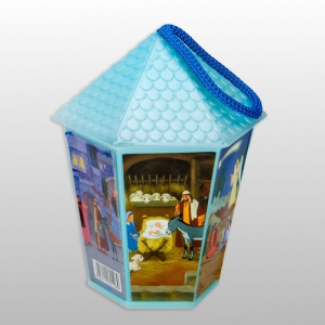 LAMPION PLASTIKOWY ŚWIECĄCY "DOMEK SZEŚCIOKĄT" z bateriami - NIEBIESKI, wys.16cm