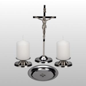 ZESTAW KOLĘDOWY ZE STALI NIERDZEWNEJ - KRZYŻ+ LICHTARZE+ ŚWIECE+ MISECZKA NA WODĘ, wys.19,5cm