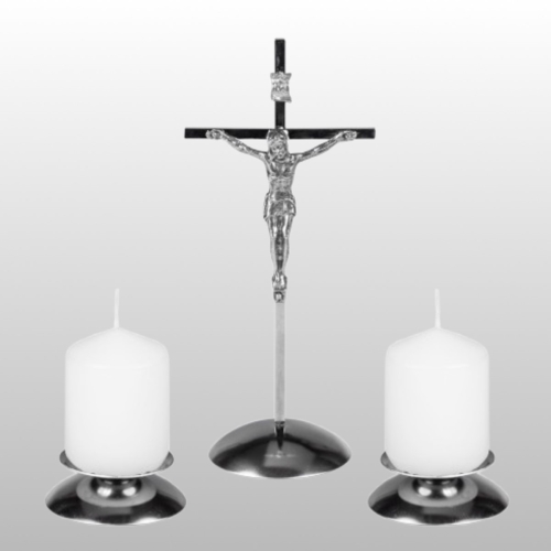 ZESTAW KOLĘDOWY ZE STALI NIERDZEWNEJ - KRZYŻ+ LICHTARZE+ ŚWIECE, wys.19,5cm