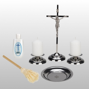 ZESTAW KOLĘDOWY ZE STALI NIERDZEWNEJ - KRZYŻ+ LICHTARZE+ ŚWIECE+ MISECZKA+ KROPIDŁO+ BUTELECZKA, wys.22cm