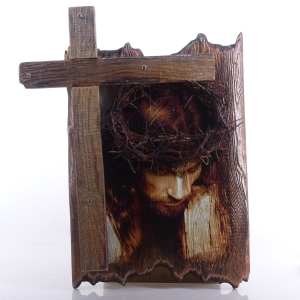 OBRAZ NA DESCE Z KRZYŻEM "JEZUS W CIERNIOWEJ KORONIE" + WYPUKŁE CIERNIE