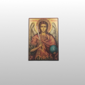 OBRAZ NA DESCE-IKONA, ŚWIĘTY MICHAŁ ARCHANIOŁ Z MIECZEM, 30CM x 21,5CM