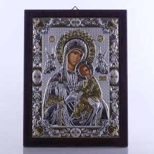IKONA SREBRNA ZDOBIONA DREWNIANA RAMKA - MB NIEUSTAJĄCEJ POMOCY, 18,5 X 24,5cm