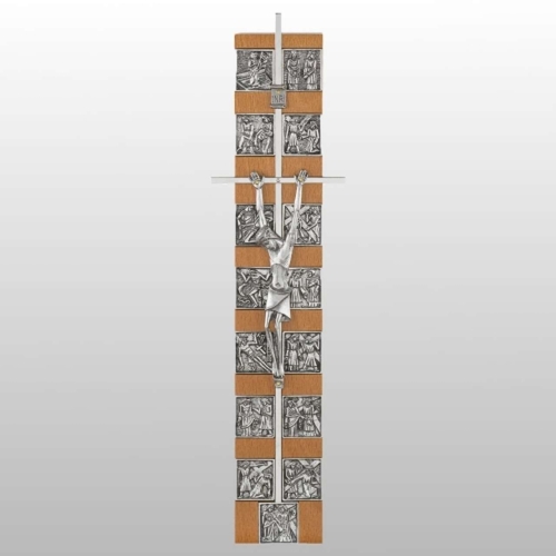 KRZYŻ WISZĄCY Z DROGĄ KRZYŻOWĄ KOLOR ORZECH/SREBRO 33,5CM