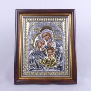 IKONA ŚW.RODZINA (ZIELONA) W DREWNIANEJ RAMCE ZA SZYBKĄ (z kamieniami), 43 X 53,5cm