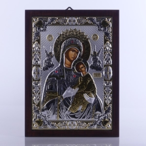 IKONA SREBRNA ZDOBIONA + RAMKA BRĄZ, MB NIEUSTAJĄCEJ POMOCY, 23 X 31cm