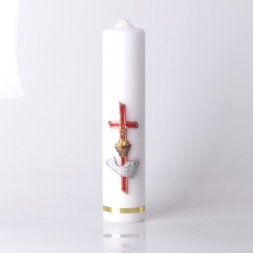 ŚWIECA BIAŁA, APLIKACJA "KRZYŻ+RYBA", 30/6,5cm