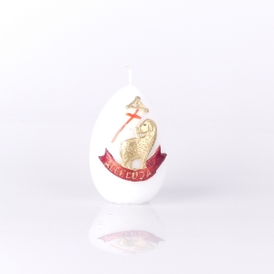 ŚWIECA JAJKO, BIAŁA, WYS. 9cm i FI=6cm, APLIKACJA BARANEK - MIX