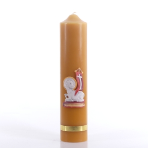 ŚWIECA WOSK 1.1 CZYSTA 32/7cm APLIKACJA BARANEK NA KSIĘDZE + ZŁOTA OPASKA