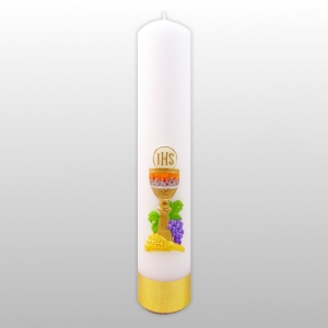 ŚWIECA OŁTARZOWA BIAŁA. APLIKACJA - KIELICH OSTATNIA WIECZERZA + WINOGRONO + KŁOSY