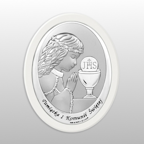 OBRAZEK KOMUNIA DZIEWCZYNKA PAMIĄTKA I KOMUNII ŚWIĘTEJ BIAŁE DREWNO OWAL 9x11