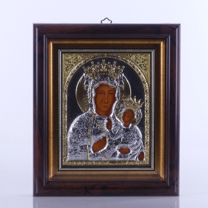 IKONA MB CZĘSTOCHOWSKA, RAMA DREWNIANA ZA SZYBKĄ, 19,5 cm x 23 cm