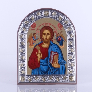 IKONA SREBRNA, JEZUS PANTOKRATOR (KOLOR) OWAL 12 X 15,5cm