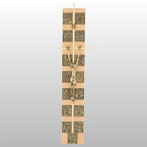 KRZYŻ WISZĄCY Z DROGĄ KRZYŻOWĄ KOLOR NATURALNY/ZŁOTO 33,5CM