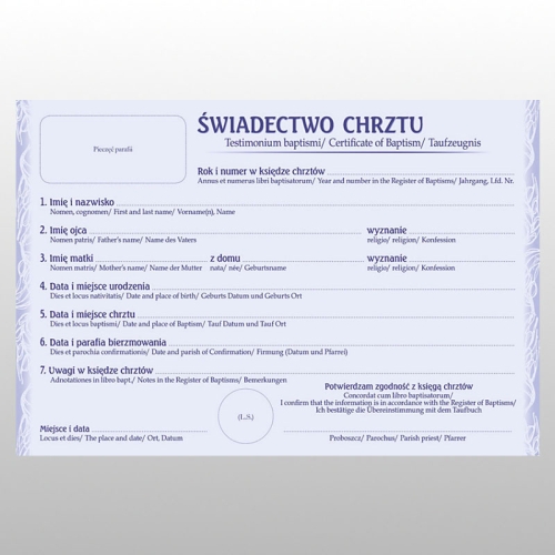 ŚWIADECTWO CHRZTU W RÓŻNYCH JĘZ. 50SZT..