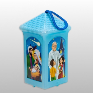 LAMPION PLASTIKOWY ŚWIECĄCY "DOMEK KWADRAT" z bateriami - NIEBIESKI, wys.20cm