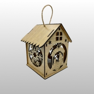 LAMPION ADWENTOWY DREWNIANY "DOMEK" z bateriami, wys.14cm