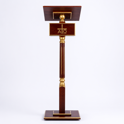 PULPIT DO MIEJSCA PRZEWODNICZENIA DREWNIANY Z PÓŁKĄ "ALFA/OMEGA" ZŁOCONY - WENGE