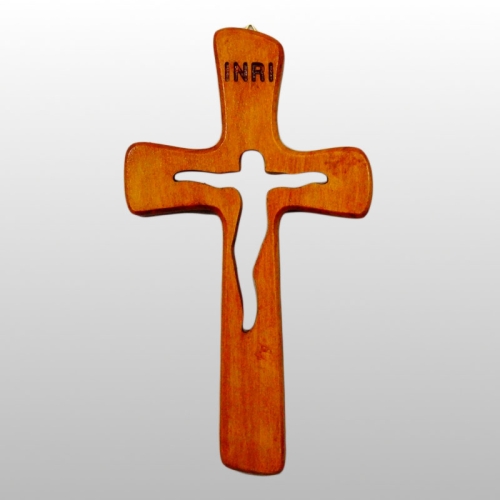 KRZYŻ SERIA BK, Z WYCIĘTĄ PASYJKĄ, WYS. 19,5 CM X 11,5 CM KOLOR MAHOŃ