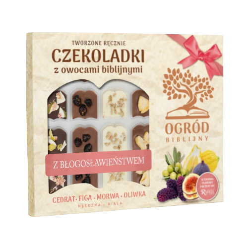 BOMBONIERKA "ŁOSOSIOWA" OGRÓD BIBLIJNY 
CZEKOLADKI Z OWOCAMI BIBLIJNYMI 
(MLECZNA, BIAŁA)  100g = 44,70zł