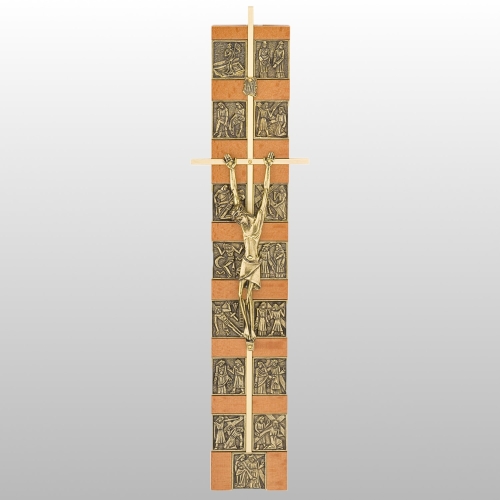 KRZYŻ WISZĄCY Z DROGĄ KRZYŻOWĄ KOLOR ORZECH/ZŁOTO 33,5CM