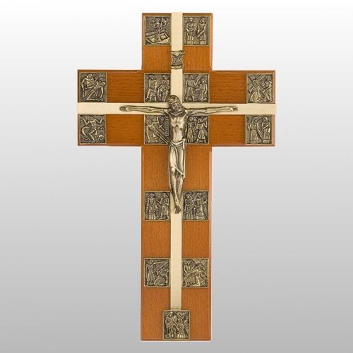 KRZYŻ WISZĄCY Z DROGĄ KRZYŻOWĄ KOLOR ORZECH/ZŁOTY 29,5CM