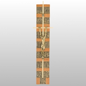 KRZYŻ WISZĄCY Z DROGĄ KRZYŻOWĄ KOLOR ORZECH/ZŁOTO 33,5CM