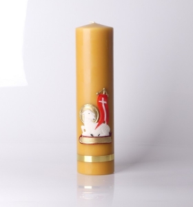 ŚWIECA WOSK 1.6 CZYSTA 32/8.5cm APLIKACJA BARANEK NA KSIĘDZE + NAKLEJKA OPASKA ZŁOTA